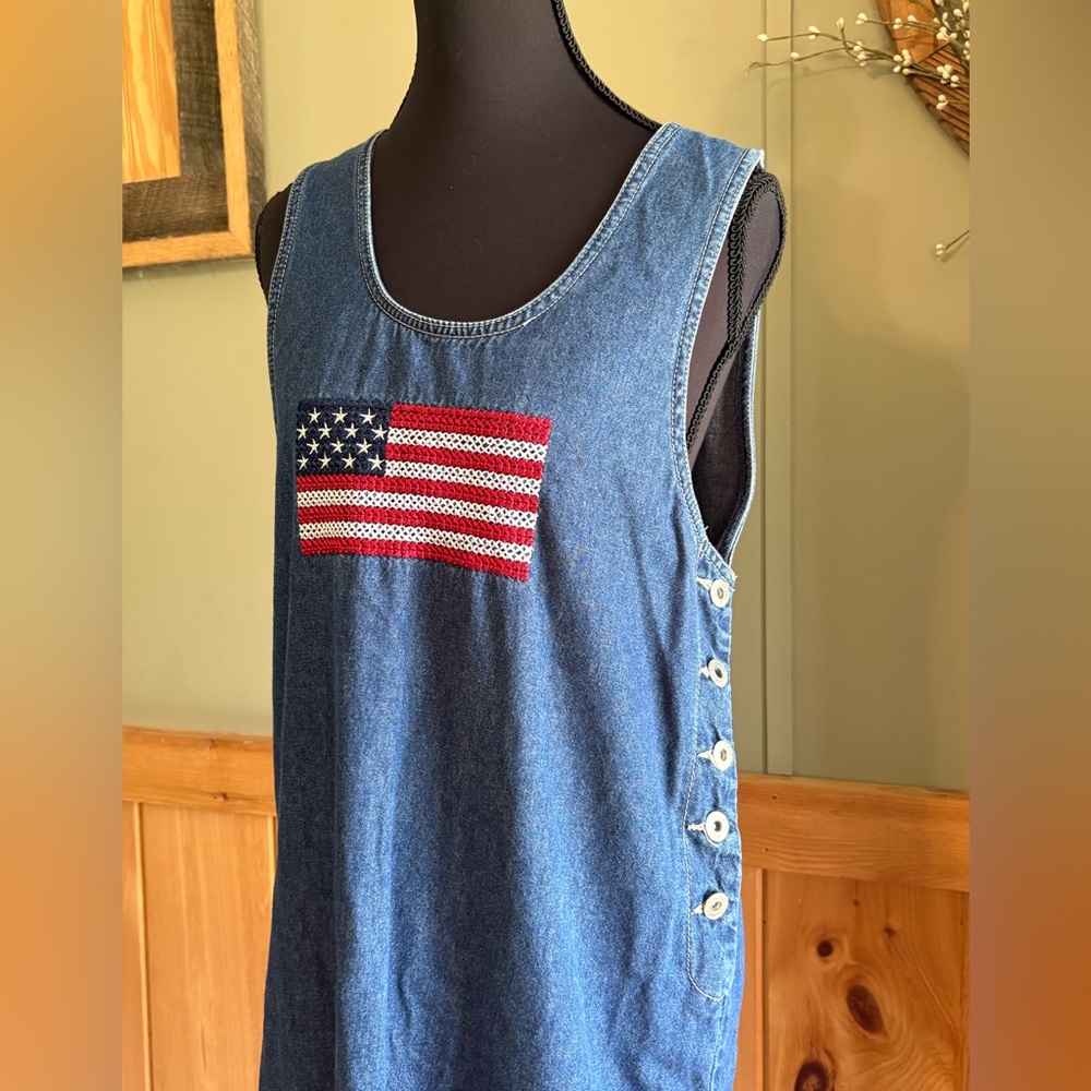 Vintage Blue Denim Jumper Lindsey Michelle Dress American flag SZ Medium